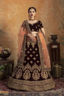 Maroon embroidered velvet semi stitched lehenga 1