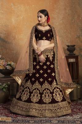 Maroon embroidered velvet semi stitched lehenga 2