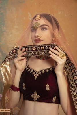 Maroon embroidered velvet semi stitched lehenga 3