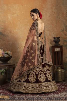 Maroon embroidered velvet semi stitched lehenga 4