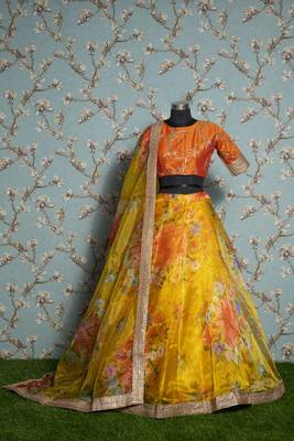 Yellow embroidered organza semi stitched lehenga 2