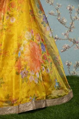 Yellow embroidered organza semi stitched lehenga 3