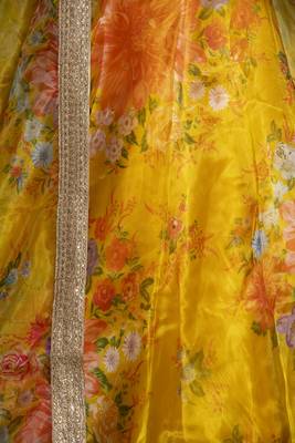 Yellow embroidered organza semi stitched lehenga 4