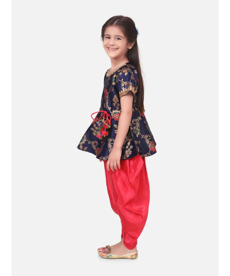 blue Jacquard Half Sleeve Peplum With Dhoti