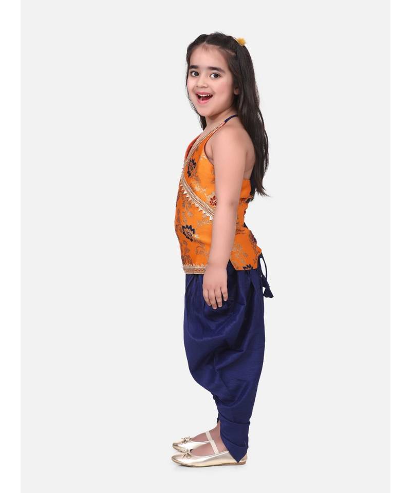 orange Jacquard Halter Neck Top With Dhoti