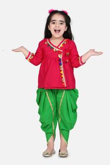 red Block Print Cotton Full Sleeve Front Open Angrakha