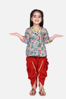peach Block Print Cotton Full Sleeve Front Open Angrakha