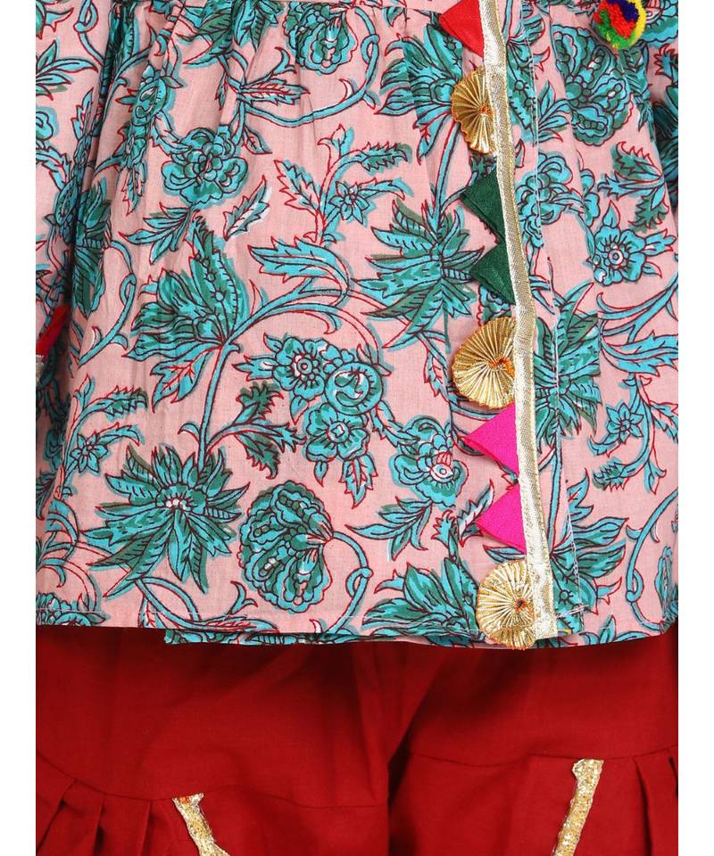 peach Block Print Cotton Full Sleeve Front Open Angrakha
