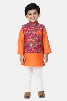 orange Kurta Pajama with Village Art Waistcoat