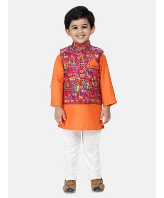 orange Kurta Pajama with Village Art Waistcoat 1