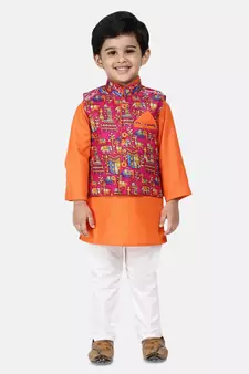 orange Kurta Pajama with Village Art Waistcoat