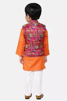orange Kurta Pajama with Village Art Waistcoat
