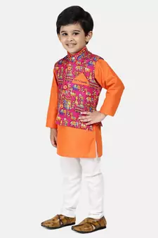 orange Kurta Pajama with Village Art Waistcoat