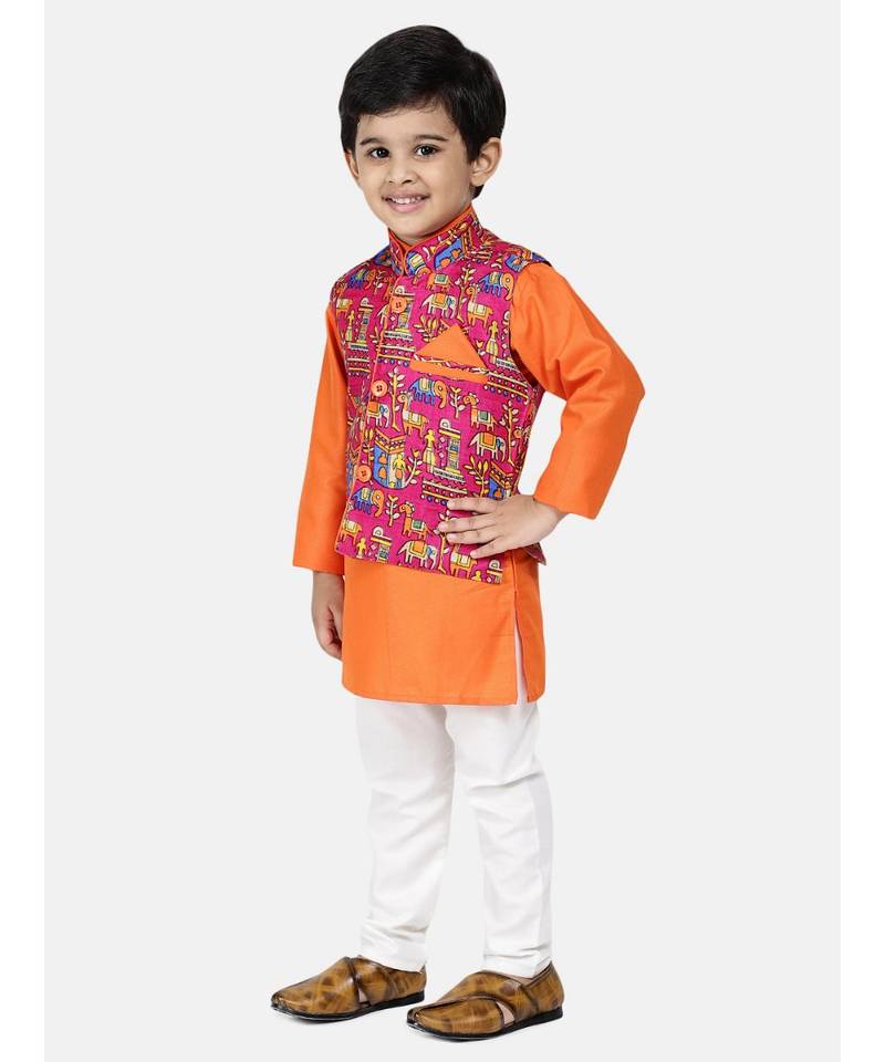orange Kurta Pajama with Village Art Waistcoat