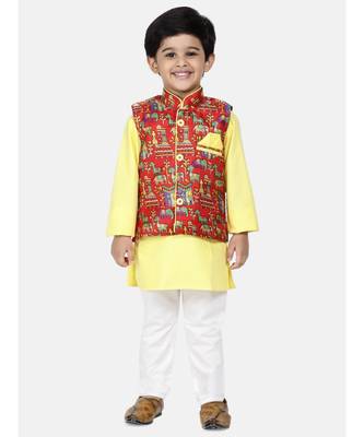 yellow Kurta Pajama with Village Art Waistcoat 1
