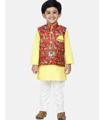 yellow Kurta Pajama with Village Art Waistcoat
