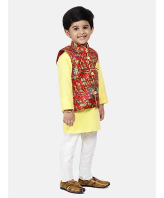 yellow Kurta Pajama with Village Art Waistcoat 2