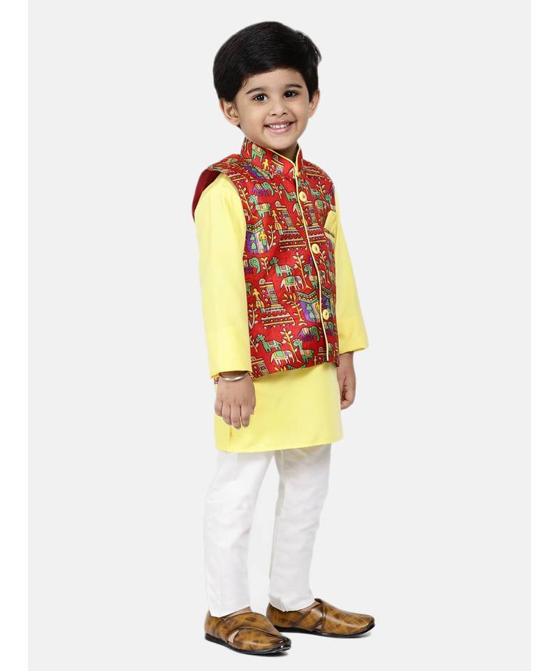 yellow Kurta Pajama with Village Art Waistcoat