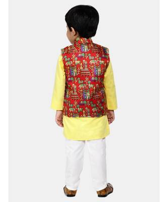 yellow Kurta Pajama with Village Art Waistcoat 3