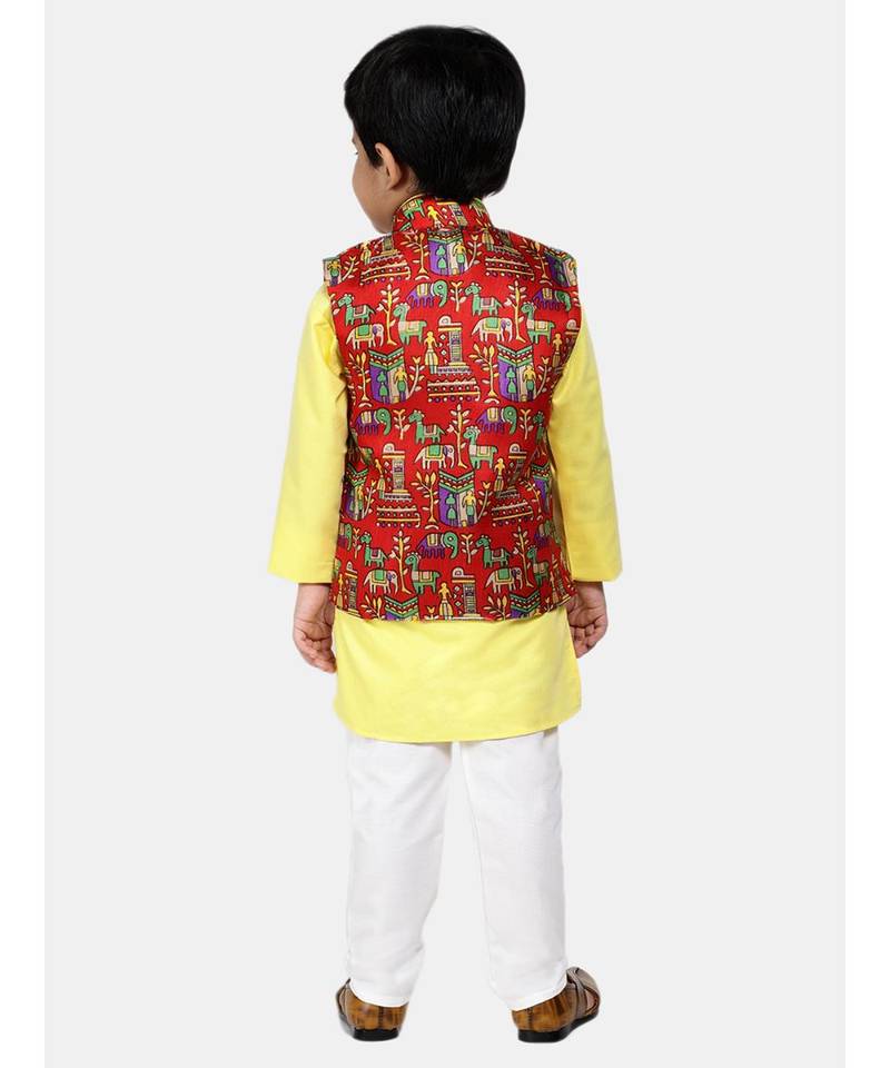 yellow Kurta Pajama with Village Art Waistcoat
