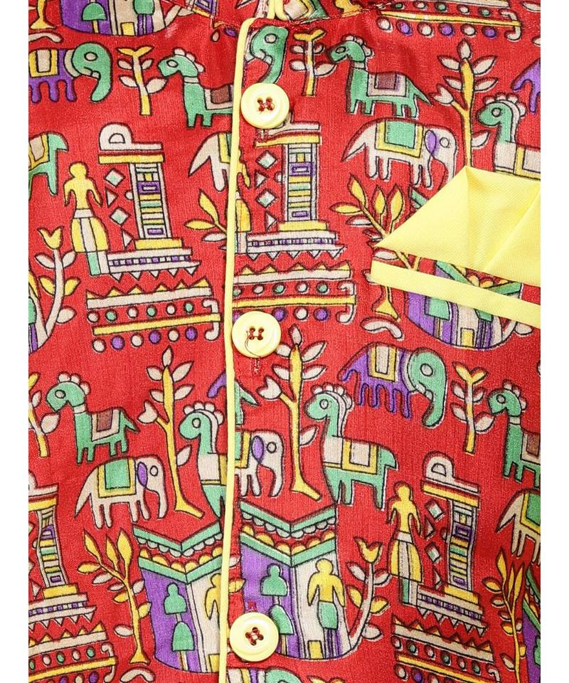 yellow Kurta Pajama with Village Art Waistcoat