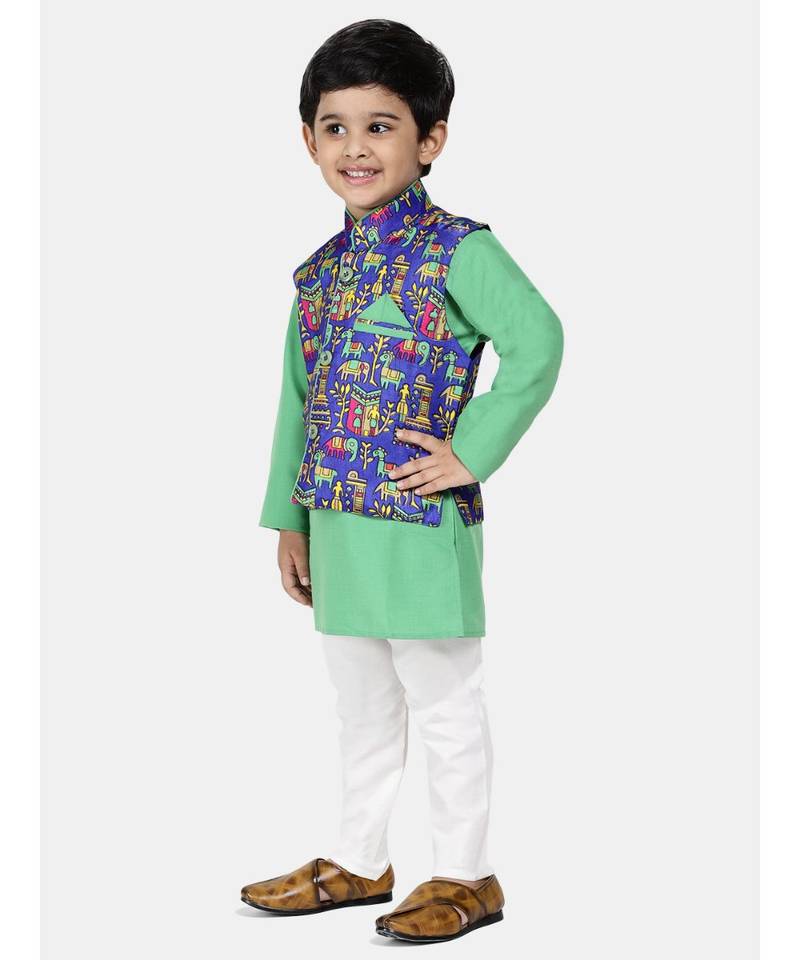 green Kurta Pajama with Village Art Waistcoat
