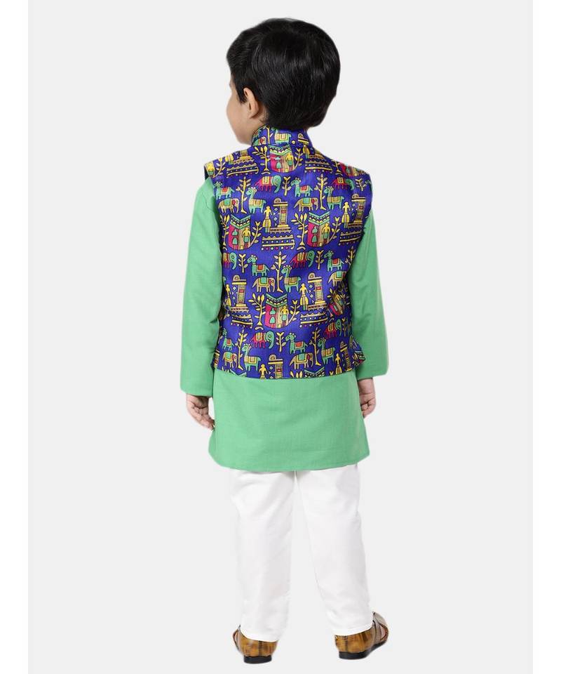 green Kurta Pajama with Village Art Waistcoat
