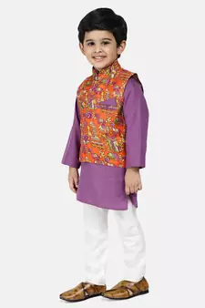 purple Kurta Pajama with Village Art Waistcoat