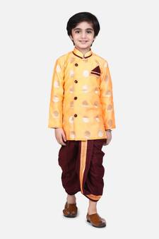 orange Boys Brocade Sherwani Style Dhoti Kurta