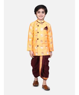 orange Boys Brocade Sherwani Style Dhoti Kurta 1