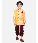 orange Boys Brocade Sherwani Style Dhoti Kurta