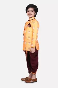 orange Boys Brocade Sherwani Style Dhoti Kurta