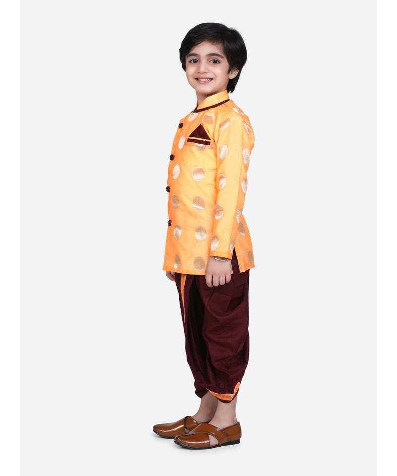 orange Boys Brocade Sherwani Style Dhoti Kurta