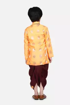 orange Boys Brocade Sherwani Style Dhoti Kurta