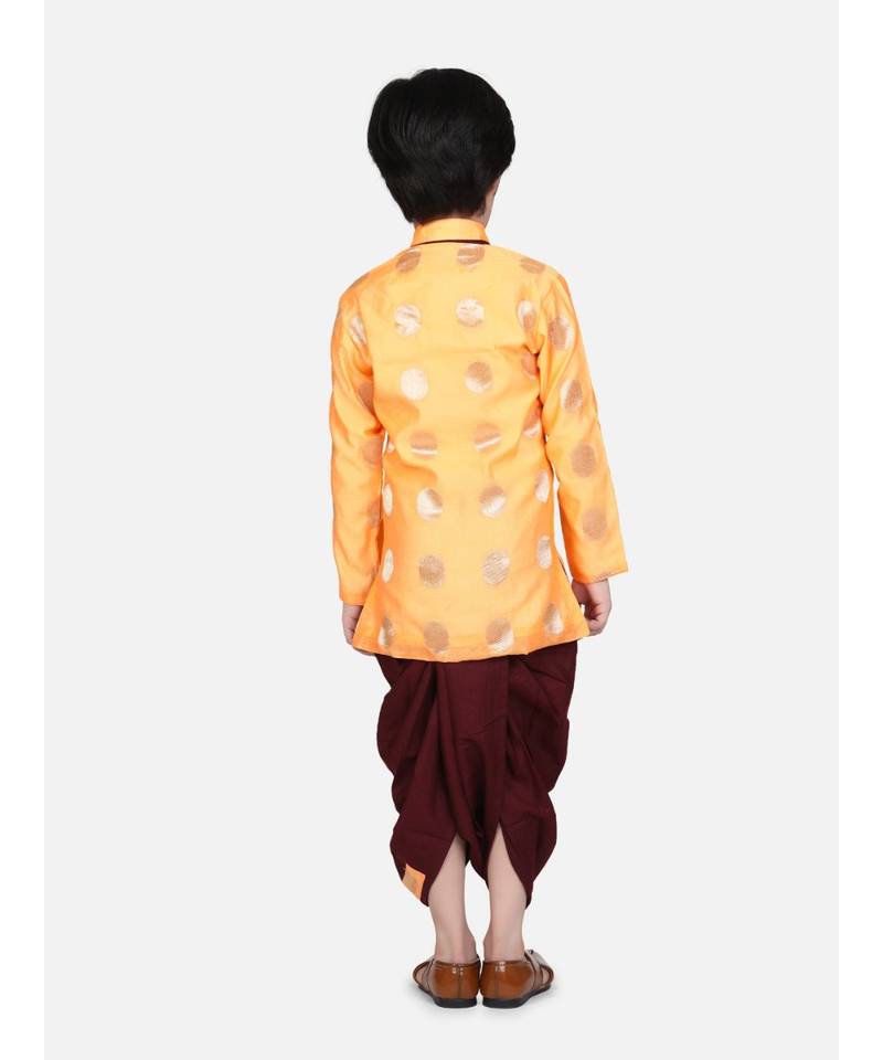 orange Boys Brocade Sherwani Style Dhoti Kurta