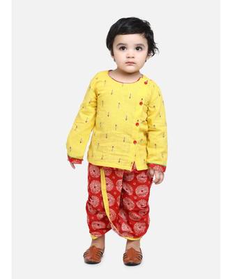 yellow Jaipuri Front Open Full Sleeve Dhoti Kurta 1