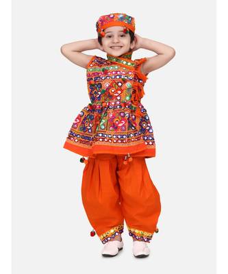 orange Sleeveless Mirror work kedia dhoti set 1