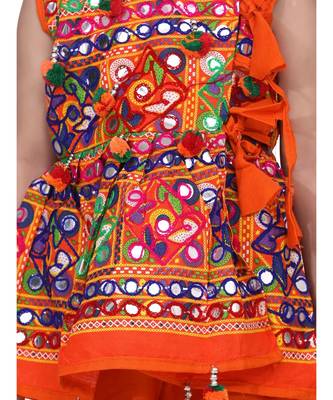 orange Sleeveless Mirror work kedia dhoti set 2