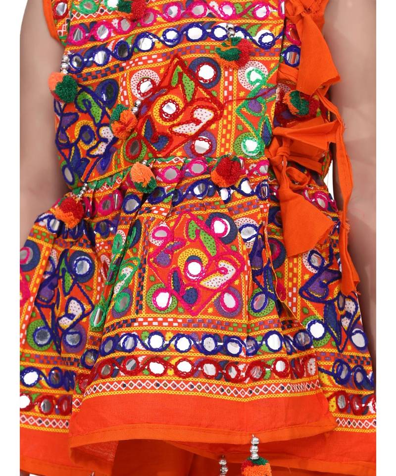 orange Sleeveless Mirror work kedia dhoti set