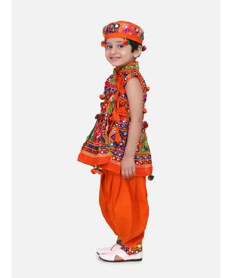 orange Sleeveless Mirror work kedia dhoti set 3