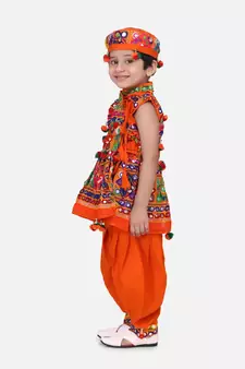 orange Sleeveless Mirror work kedia dhoti set