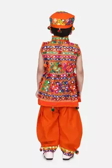 orange Sleeveless Mirror work kedia dhoti set