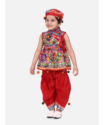 red Sleeveless Mirror work kedia dhoti set 1