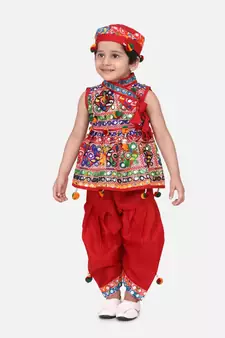 red Sleeveless Mirror work kedia dhoti set