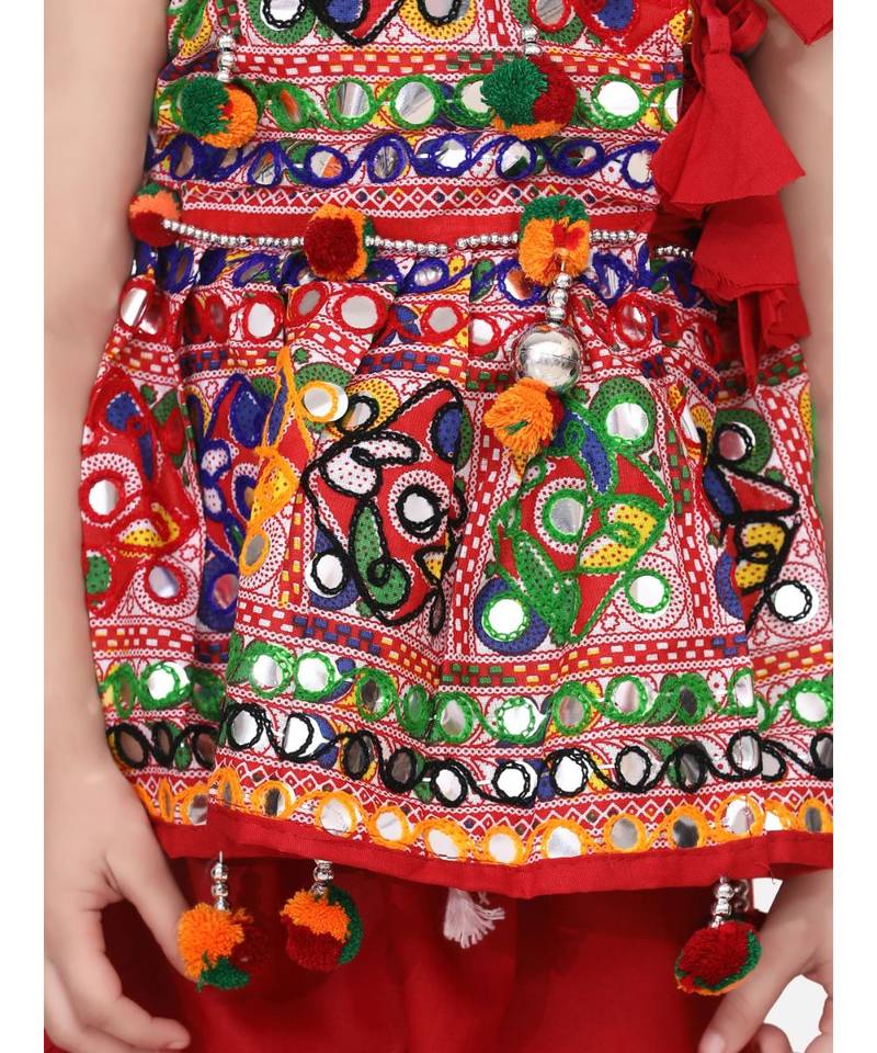 red Sleeveless Mirror work kedia dhoti set