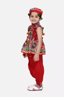 red Sleeveless Mirror work kedia dhoti set