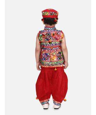 red Sleeveless Mirror work kedia dhoti set 4