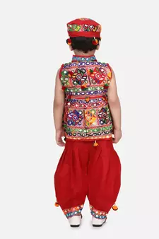 red Sleeveless Mirror work kedia dhoti set