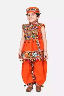 orange Embroidered Sleeveless Kedia Dhoti set