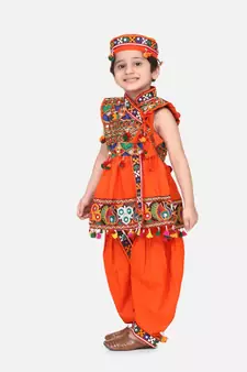 orange Embroidered Sleeveless Kedia Dhoti set